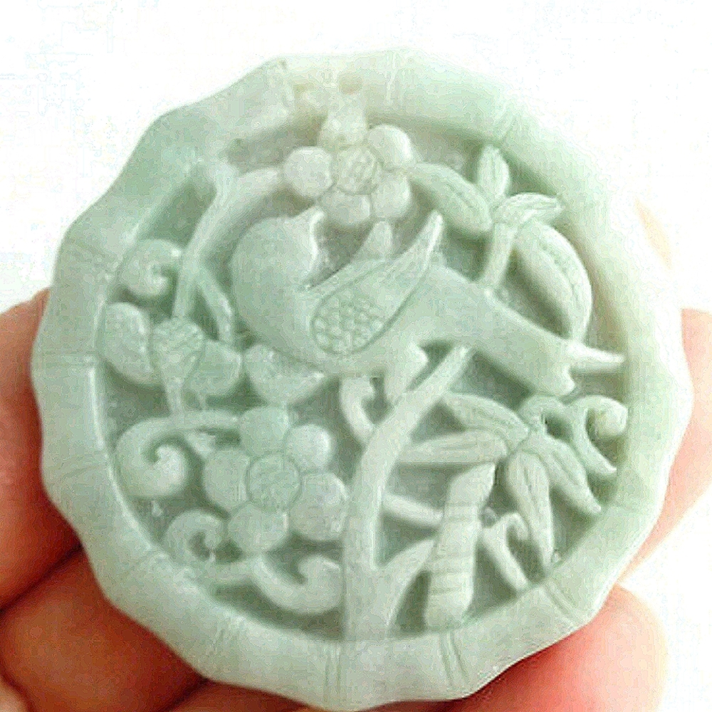 Genuine Cert'd Jadeite Jade Carved Flower Bird NWT